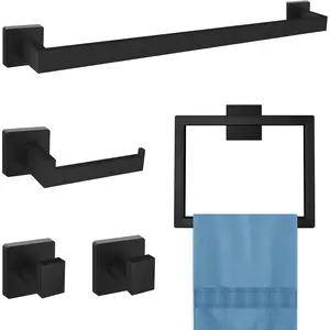 16 in Bathroom Hardware Set, 5 Piece Matte Black Stainless Steel Hardware Set, Include Towel Rack, Towel Ring, Toilet Paper Holder, 2 Robe Towel Hooks, Bathroom Accessory kit