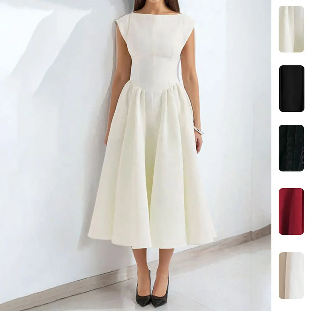 Elegant Solid A-Line Midi Dress for Women - Chic Vintage Style with Boat Neck and Cap Sleeves, Breathable Pleated Skirt for a Cocktail Party, Minimalist, Fitted, Thick, Fluffy, Anniversary, Hip, Classy, Fabric