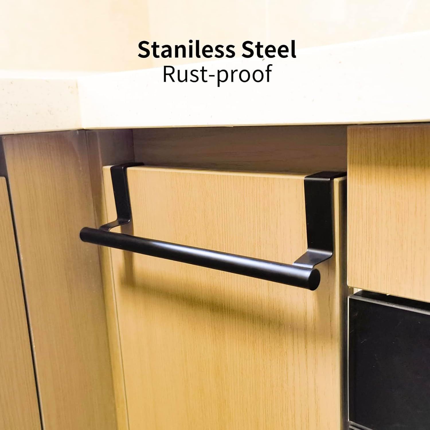 Cabinet Door Towel Holder, Over Cabinet Towel Bar, Stainless Steel Dish Towel Holder for Cabinet Door Kicthen Towel Rack, Matte Black 2 Pack