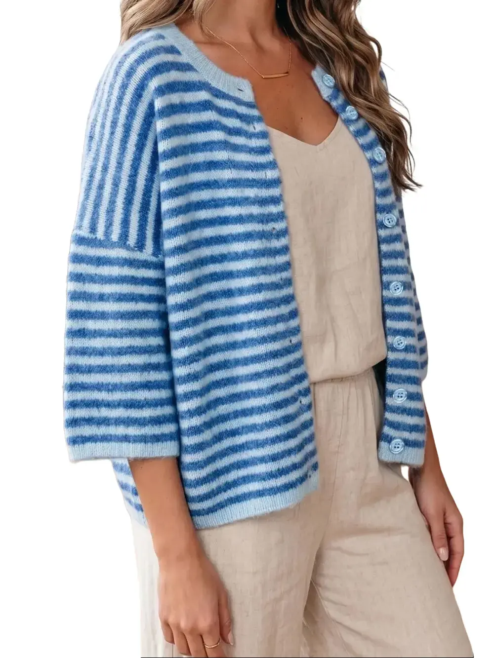 PHEFEE Women's Striped Cardigan Short Sleeve Sweaters Button Down Summer Lightweight Knit Tops Casual Knitwear