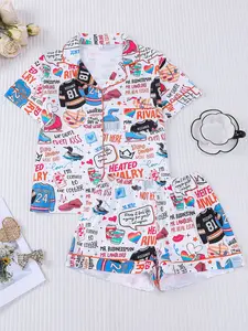 2-piece set of women's white background full of size 24 jerseys, popsicle ball grid pattern, heart letters, duck print pattern, short sleeved shorts, top with small pockets, elastic waistband, all season home casual women's sleepwear set, Womenswear