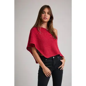 Off The Shoulder Red Crochet Poncho