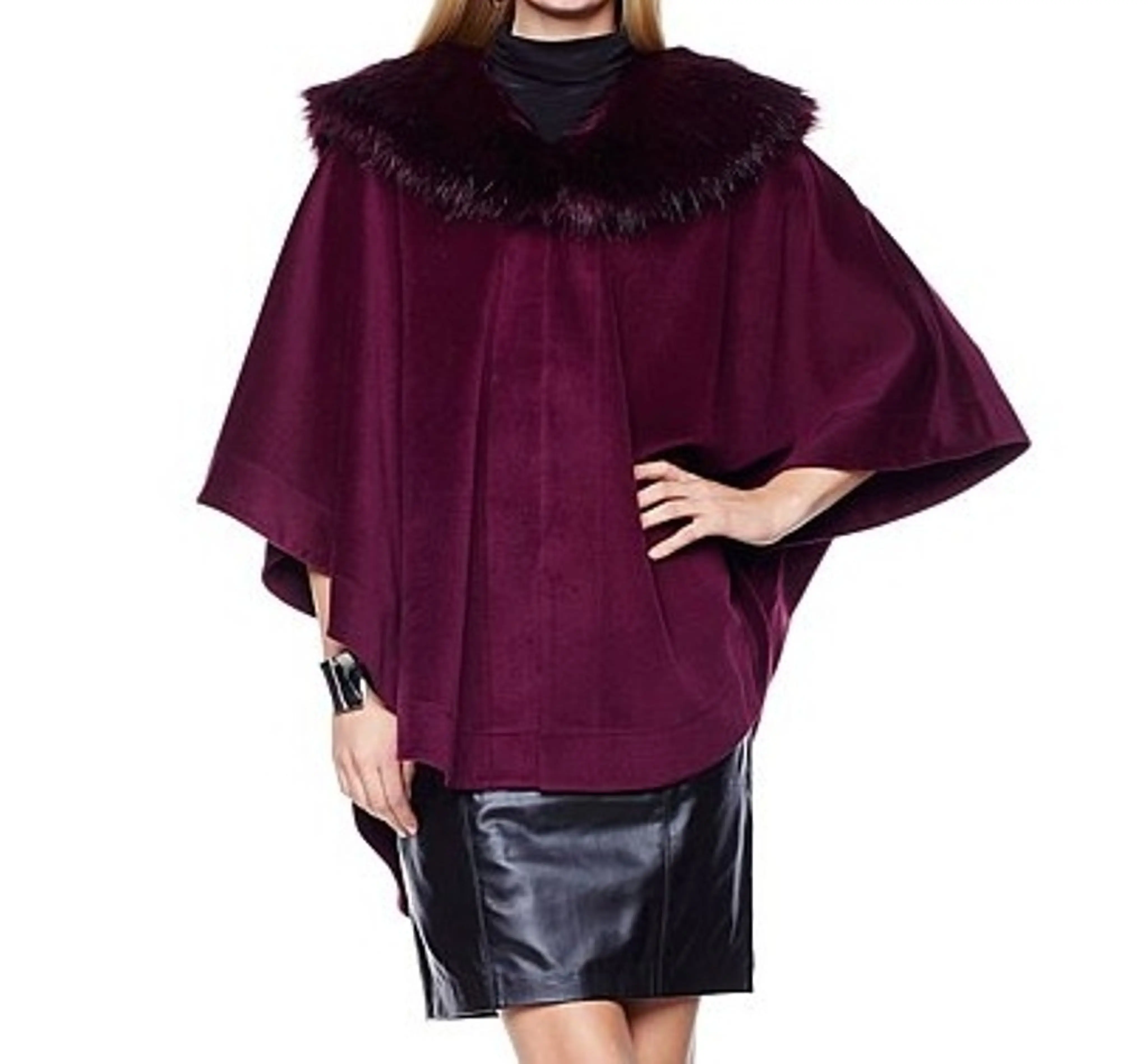 Women's Elegant Cape Cashmere Like Fabric Winter Fall Church Faux fur trim Cape Wrap poncho shawl jacket merlot color US sizes plus 2X/3X