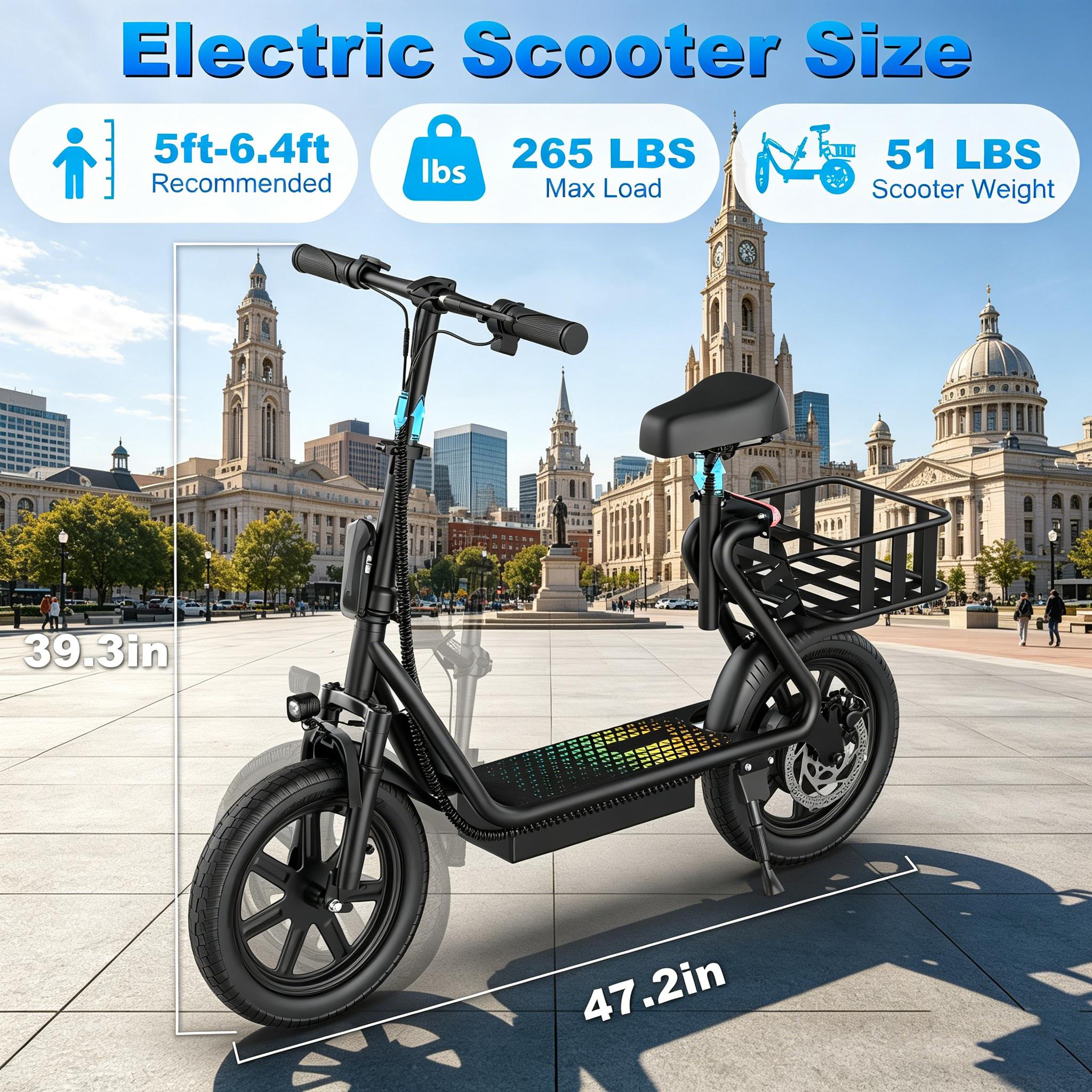 48V 10.4Ah Adult Electric Scooter with Seat, Powerful Motor, 22MPH Max Speed, 21-27 Mi Driving Range, Pet-Friendly Design, and Convenient Rear Basket,summervibes