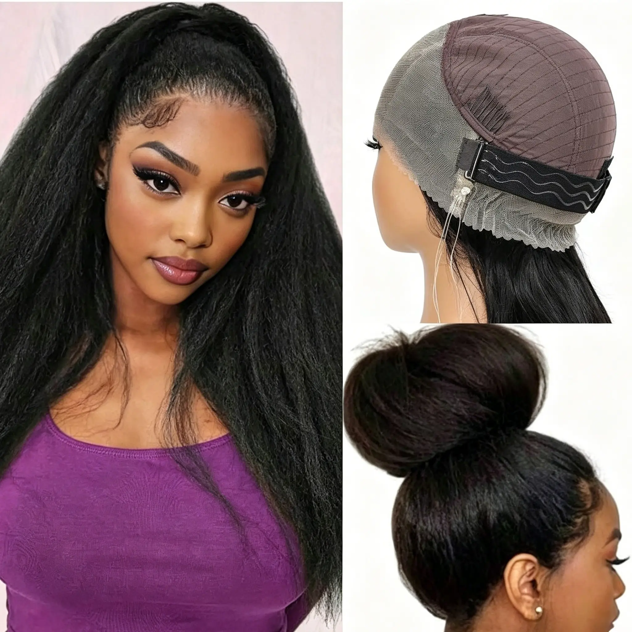 MYLOCKME Kinky Straight 360 Lace Wig With Drawstring Human Hair Wear Go Half Wig Invisible Hairling Leave Out Seamless Flip Over Wig 180% Density Glueless Human Hair Wigs Beginner Friendly Vacation Hair