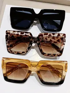 Women's Elegant Large Frame Square Plastic Sunglasses, Leopard Print & Solid Color, Versatile Street Style Driving Daily Wear