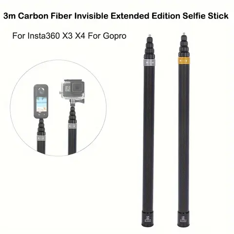 3 Meter Carbon Fiber, Invisible Extended Version, Compatible with Insta360 X3 X4 Gopro 11/10 Tripod Monopod, Selfie Vlogging Accessory, Microphone Accessories, Camera Mount, Camera Stand