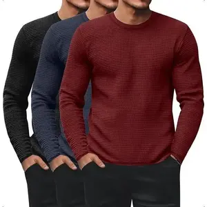 3 Pack Men's Waffle Long Sleeve Shirts, Crew Neck Thermal Underwear Tops Casual Pullover Sweaters Knit Undershirts
