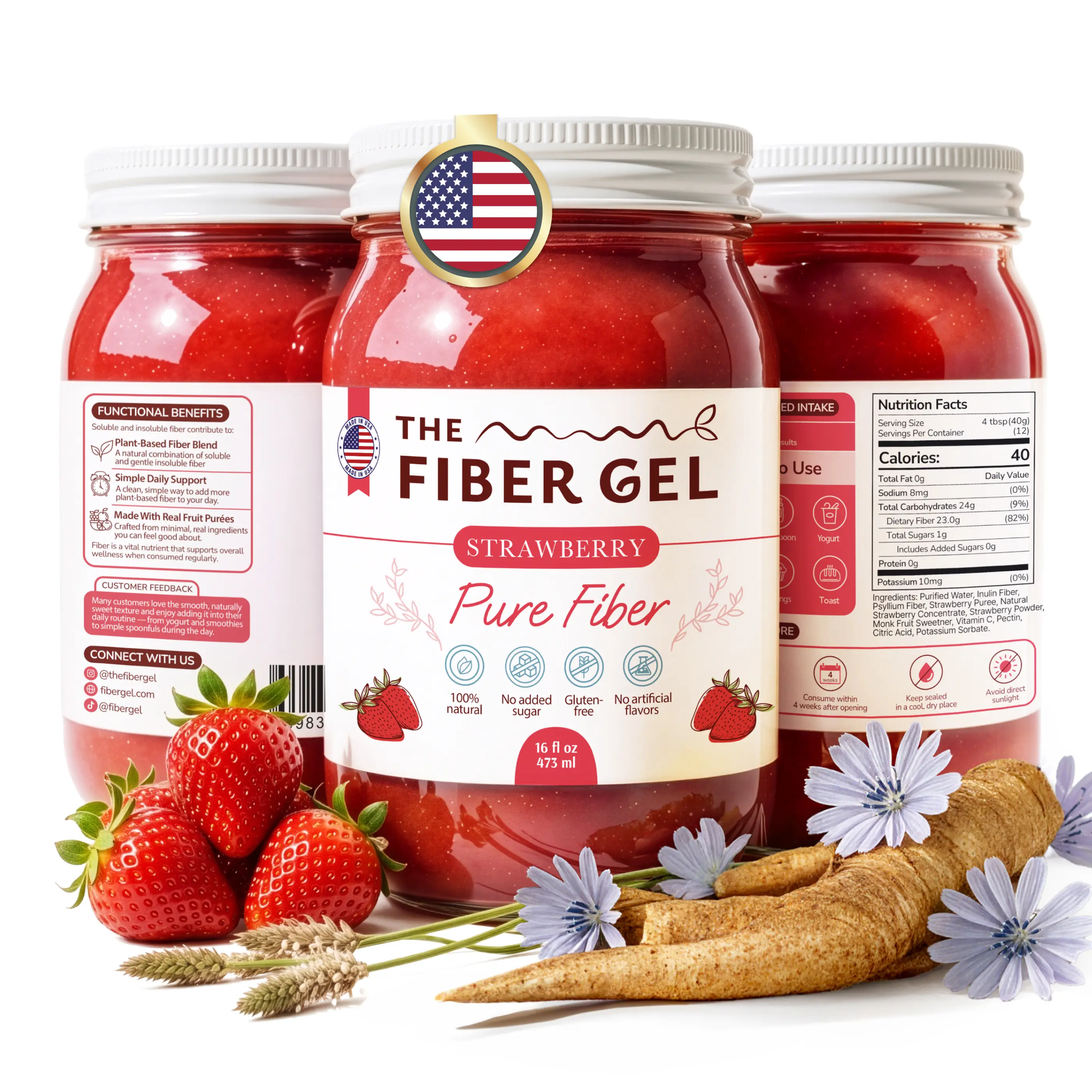 The Fiber Gel Strawberry: Smooth & Spoonable Plant-Based Prebiotic Fiber Gel (Psyllium Husk + Inulin), All Natural&No Sugar Added | Made in USA Dietary Supplement Dietary Nutrition Supplement All Natural Organic Fiber Drink