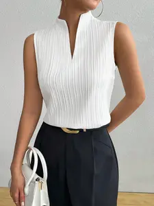 Elegant Fitted Sleeveless Stand Collar Top, Minimalist Professional Office Wear, V Neck Enhances Neckline, Essential Business Attire