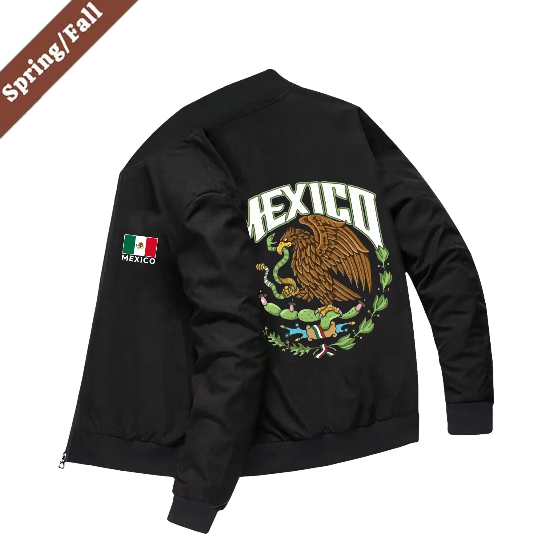 Men's Vintage American Casual Flight Streetwear Jacket - Mexican Eagle Print, Geometric Letters Unique Prints, Retro Street Fashion, Long-Sleeve Round Neck Black Autumn Winter Coat, Unique Pocket Details