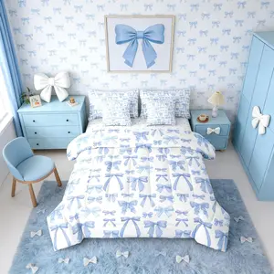 Bowknot Kids Blue 7 Piece Bedding Set,| Bow Dreamy Girly Comforter Set with Sheets Kawaii Ribbon Bed in A Bag Coquette Bed Sets