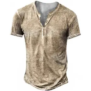 Men's Retro V-Neck Button-Front Shortsleeve Streetwear T-Shirt - Fashion Plain Vintage Basic, Breathable Fabric, Medium-Length Casual Everyday Menswear Top