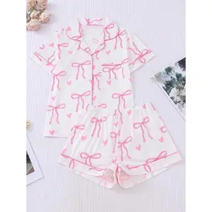 2pcs/Set Bow Print Casual Wear Pajama Set For Women, Includes Comfortable Short Sleeve Button Collar Shirt And Loose Elastic Shorts, Suitable For Outdoor & Home, All Seasons