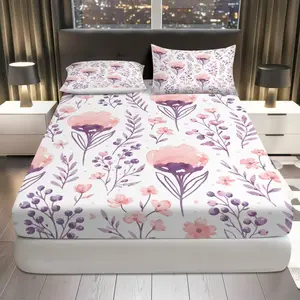 3Pcs Floral Blossom Lavender Fitted Sheet Three Piece Set (1*Fitted Sheet+2*Pillowcases, Coreless), Spring theme, Flower Pattern Bedding Set, Mattress protector Soft, Breathable