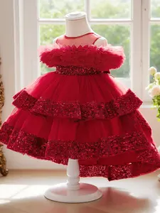 Toddler Girl's Glitter Sequin Decor Ruffle Trim Dress, Cute Fashion Casual Round Neck A Line Dress for Party Holiday, Kids Clothing for All Seasons
