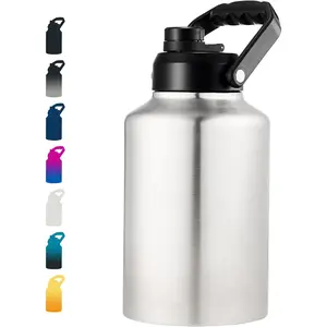 Insulated Gallon Jug, Large 128oz Stainless Steel Insulated Water Bottles with Handle, Leak proof, Double-Wall Vacuum Insulation for Construction Sites, Camping and Hiking, Stainless steel