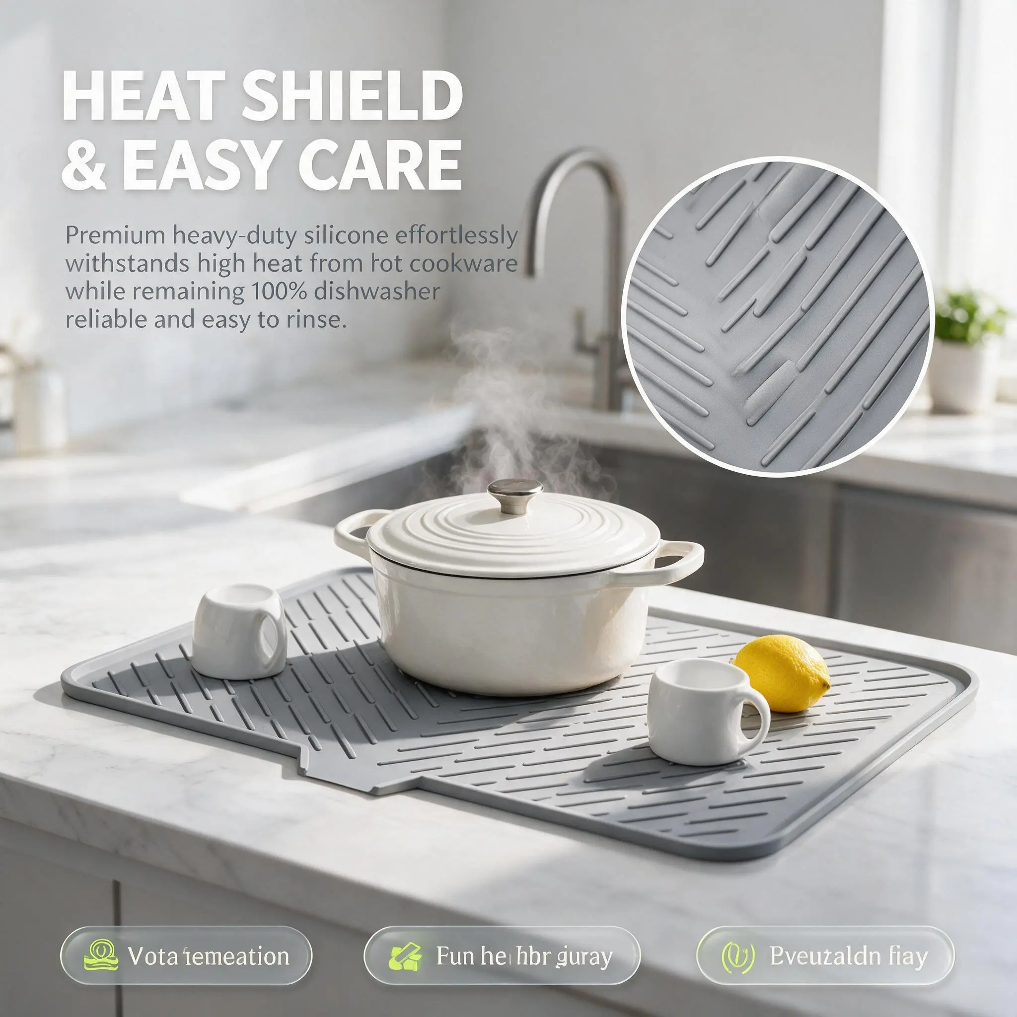 【2026 Newly Upgraded】Becvtoz Rectangular Platinum Silicon Dish Drying Mat (Grey) - Built-in Drain Lip, Food-Grade BPA-Free, Heat-Resistant (446°F), Sturdy Compact, Easy to Clean Tray for Tableware, Daily Use, Hot Pot Trivet