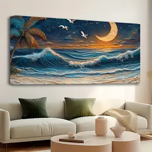 Solid wood frame, large wall painting, moon ocean room decor beach wall painting, beach decor seascape painting canvas print, landscape palm tree image canvas painting