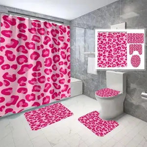 1/4pcs Valentine's Day Pink Leopard Print Bathroom Shower Curtain and Mat Set, includes 12 hooks, non-slip bathroom mat, non-slip toilet U-shaped mat, toilet seat cover, bathroom partition, modern home decor, Bathroom Decoration Accessories