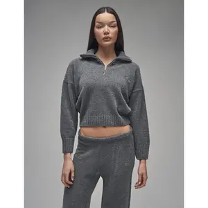 Kaiia Knit Fold Over Collar Quarter Zip Sweater Charcoal