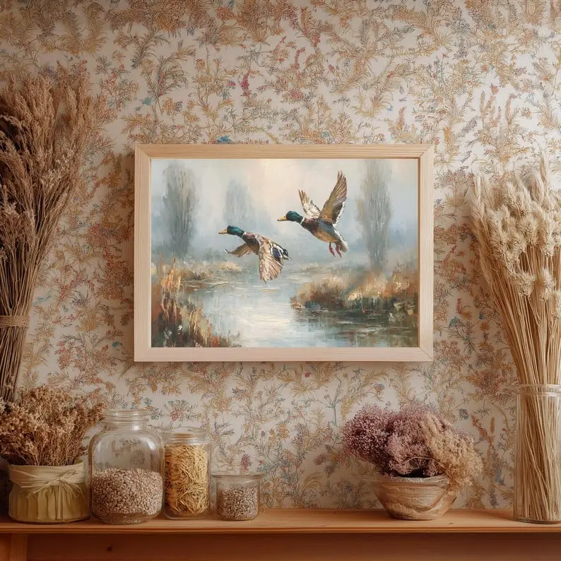 Vintage Flying Ducks Hunting Poster, Retro Waterfowl Lake Scene Wall Art, Rustic Farmhouse & Cabin Bathroom Decor, Gift For Hunters