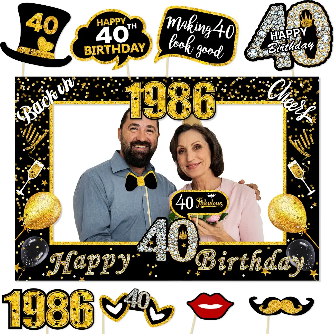 40th Birthday Photo Booth Props with 1986 Photo Frame, Glitter, 40 Fabulous Birthday Party Decorations, 40 Years Old Birthday Photo Props