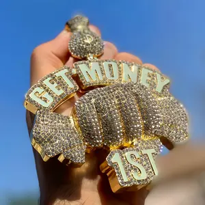Hip Hop Candy GET Money Bold Text Pendant Necklace with Synthetic Zirconia Stones Unisex Golden-Tone Statement Jewelry for Casual Attire Parties Valentine's Day Gifts AE2676376