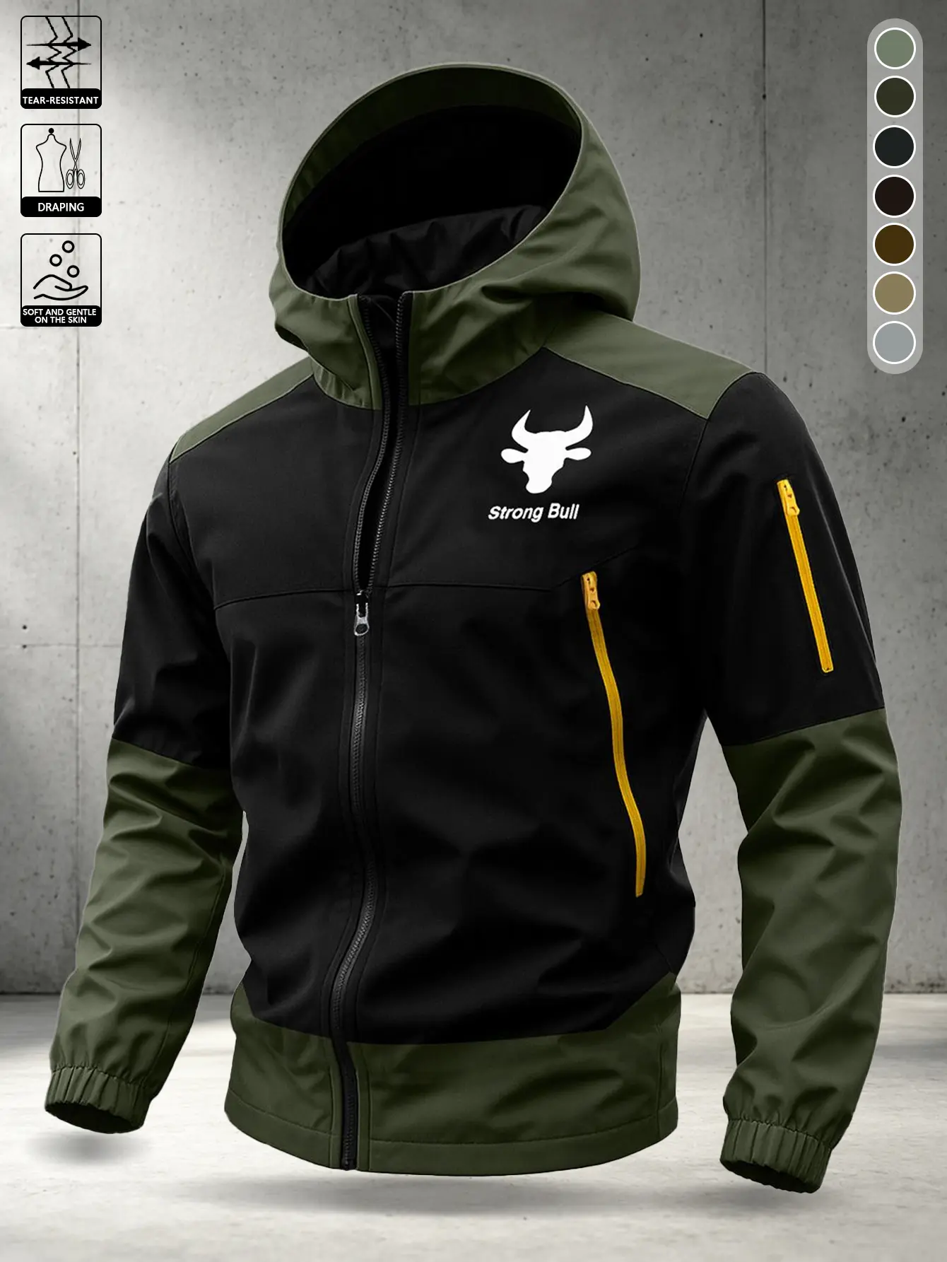 Men’s lightweight windproof jacket with a bull print, abrasion-resistant hooded outerwear with zippered pockets, available in multiple colors, suitable for hiking and everyday wear.
