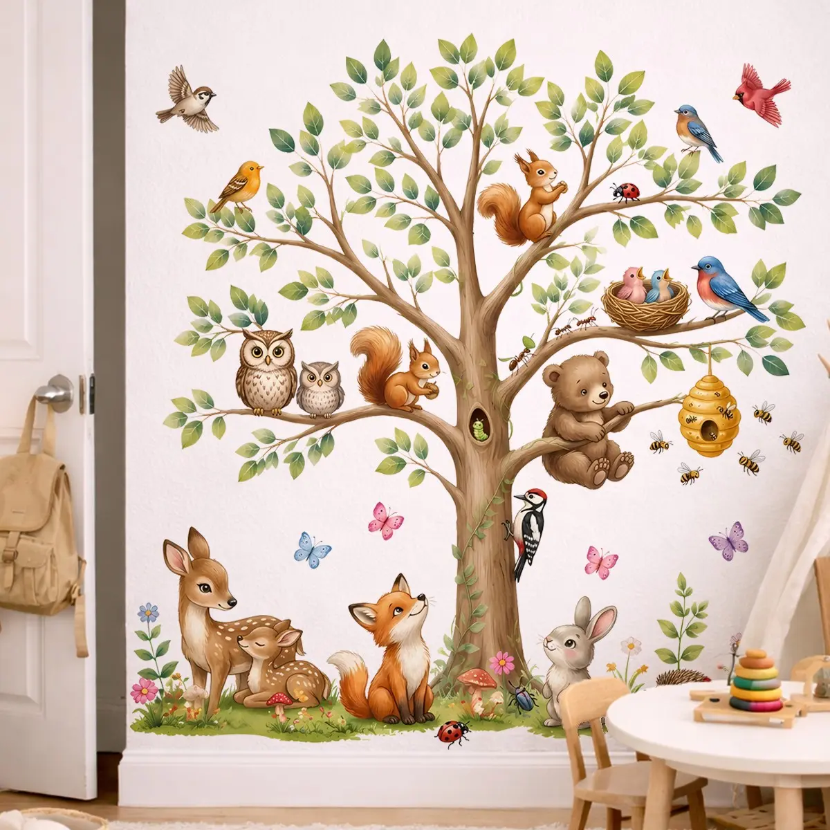 Cute Woodland Tree Bear, Rabbit & Hedgehog Wall Decals, Waterproof Self-Adhesive Wall Stickers for Baby Nursery, Toddler Bedroom & Classroom Decoration, Home Decor, Decoration Items