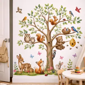 Cute Woodland Tree Bear, Rabbit & Hedgehog Wall Decals, Waterproof Self-Adhesive Wall Stickers for Baby Nursery, Toddler Bedroom & Classroom Decoration