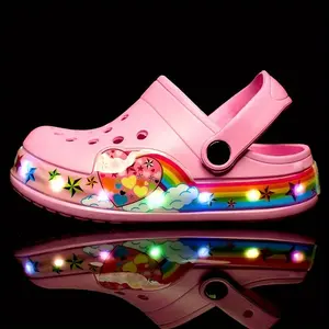 Kids Glow-in-the-Dark Clogs, Breathable EVA Sports & Casual Shoes, Non-Slip Water Sports Beach Footwear, Cartoon Pattern, Slip-On Closure, Battery Operated, for Boys & Girls - Spring/Summer/Fall