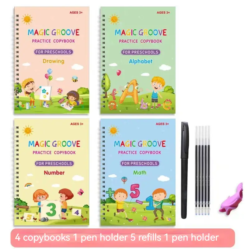 4pcs/pack Reusable Handwriting Practice Copybook Set Improve Writing Skills with Comfy Tracing, Sight Words, Grooves, and Magic Practice Montessori