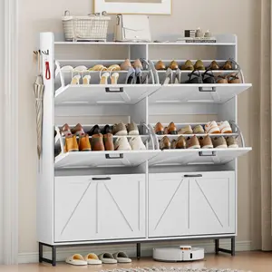 Freestanding Hidden Shoe Storage Cabinet with 6 Flip Drawers, Slim Narrow Shoe Rack Organizer, Multifunctional Shoe Cabinet with Open Storage &amp; Metal Hooks for Mudroom, Foyer, Corridor