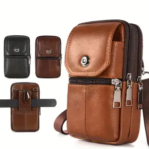 Men's Genuine Leather Sling Bag - Multi-Layer Waist Belt Pack for Phone, Cards, and Keys Holder, Adjustable Strap, Zippered Compartments, Casual Style, Brown/Black/Dark Brown