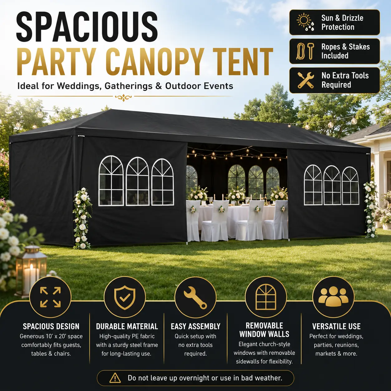 10x30 FT Party Canopy Tent Outdoor Event Shelter Spacious Patio Tent with Removable Window Walls Zipper Door Ropes and Stakes Easy Assembly for Wedding Backyard BBQ Family Gathering Dining Dancing Commercial Event Use