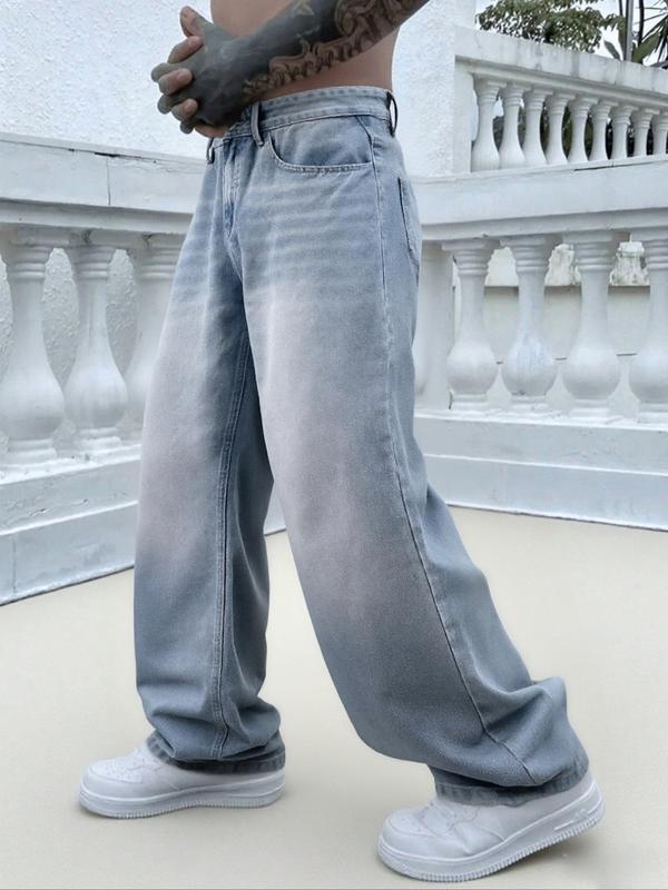 Men's Vintage Washed Denim Jeans, Basic Loose-Fit Wide-Leg Style, American Streetwear Trendy Look, Cotton Fabric, All Seasons