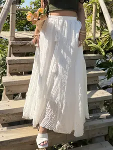 Boho Style Solid Color Drawstring Elastic Waist Womenswear Long Maxi Skirt, Loose-Fitting A-Line Summer Skirt, Casual Fringe Design (without Belt) Boho Skirts