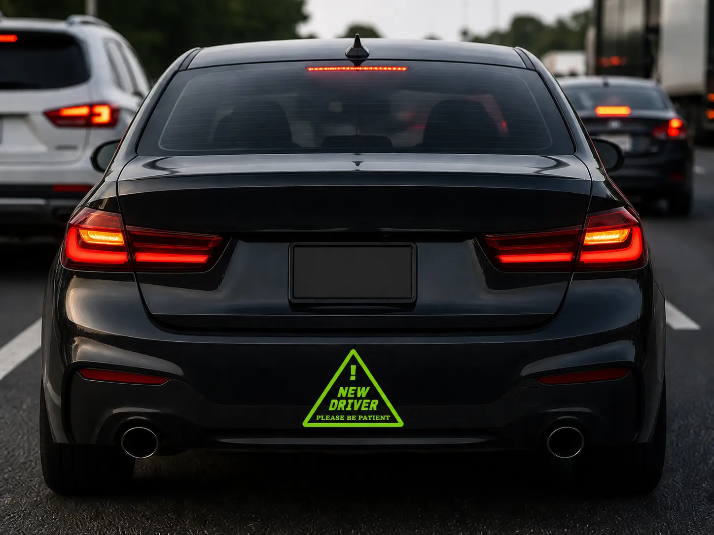 New Driver Please Be Patient Car Sticker - High Quality Vinyl, Easy to Apply & Remove, Classic Road Sign Style