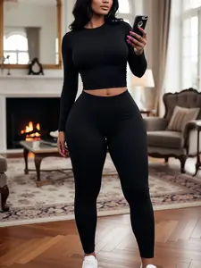 Letter Print Tight Fit Fashion Long Sleeve Crop Top Gym Sets, Long Pants Two Piece Set, Casual Style, All Seasons, Yoga Gym Outfits, Gym Athletic Clothes