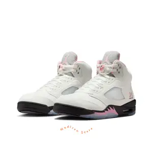 White Smooth Leather High-Top Retro Basketball Shoes with Pink  Reflective Mesh and Black Sawtooth Midsole