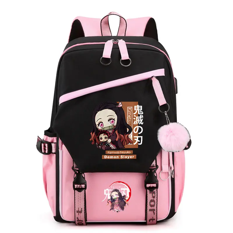 Anime Demon Slayer Character Printed Contrast-Color Backpack for Students - Multi-Pocket, Large-Capacity, Lightweight Pink Casual Rucksack with Pom-Pom Ornament for Travel, Daily Commute