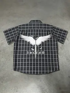 Ascend Street Style Elegant Casual Style Menswear Plaid Checked Button-Up Shirt, Y2K Angel Wings Sword Graphic Pattern, Decadent Aesthetic, Harajuku Streetwear Fashion, Summer Casual Short Sleeve Top