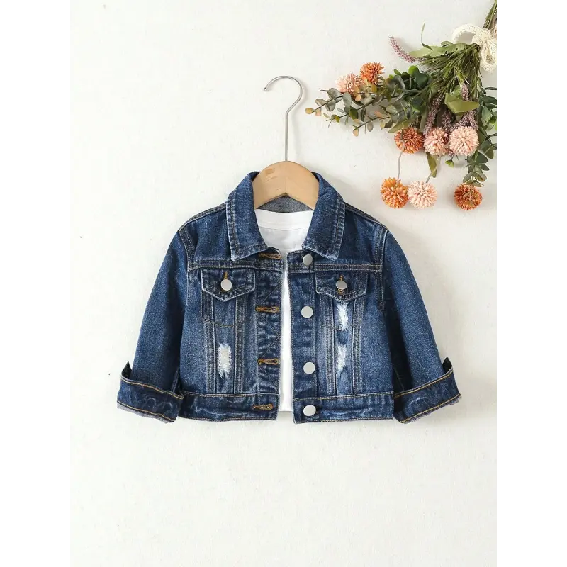 Baby Girl Clothes - 1pc Unisex Baby Long Sleeve Ripped Denim Jeans Jacket with Flap Pocket, Casual, Jackets, Button, Ripped Detail, Front Buttons, Cotton Blend