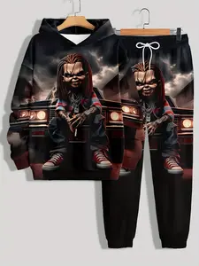 Men's innovative car themed polyester casual sports set, with a hat - knitted fabric, printed design, long sleeved hooded sweatshirt and pants set, slightly elastic - regular style casual clothing