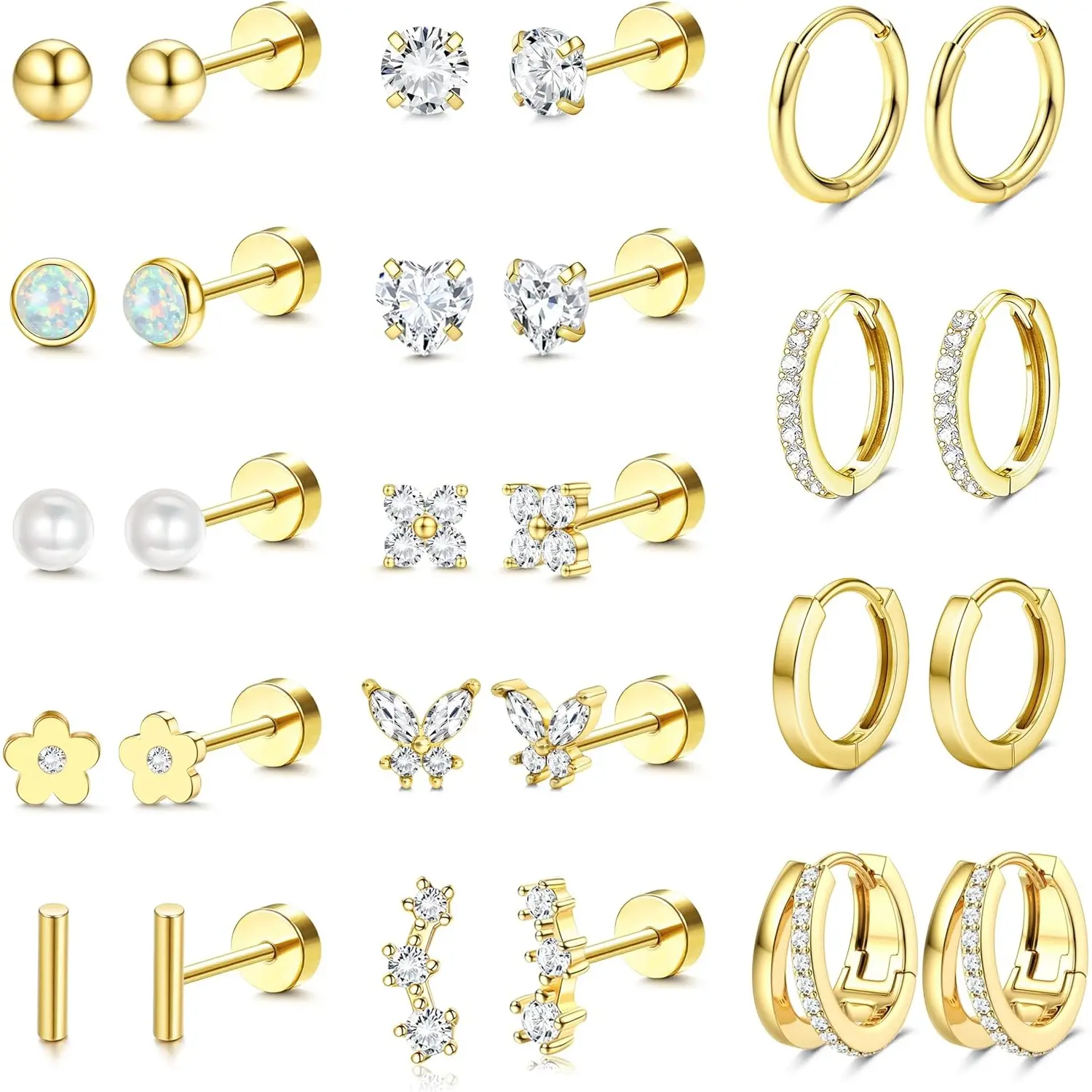 Milacolato 14-Pair Earring Set for Women, Gold Plated Surgical Steel Flat Back Studs & Stackable Hoops for an Earring Stack, Hypoallergenic Tarnish Free Jewelry for Adults, Thanksgiving, Flat Back Earrings