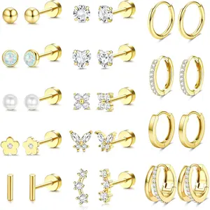 MILACOLATO Hypoallergenic Flat Back Earrings - 14K Plated Gold Cartilage Earring Sets 20G Surgical Stainless Steel Earrings for Women Small Hoop Flatback Stud Earring Stacks Helix Conch Tragus Piercing Jewelry