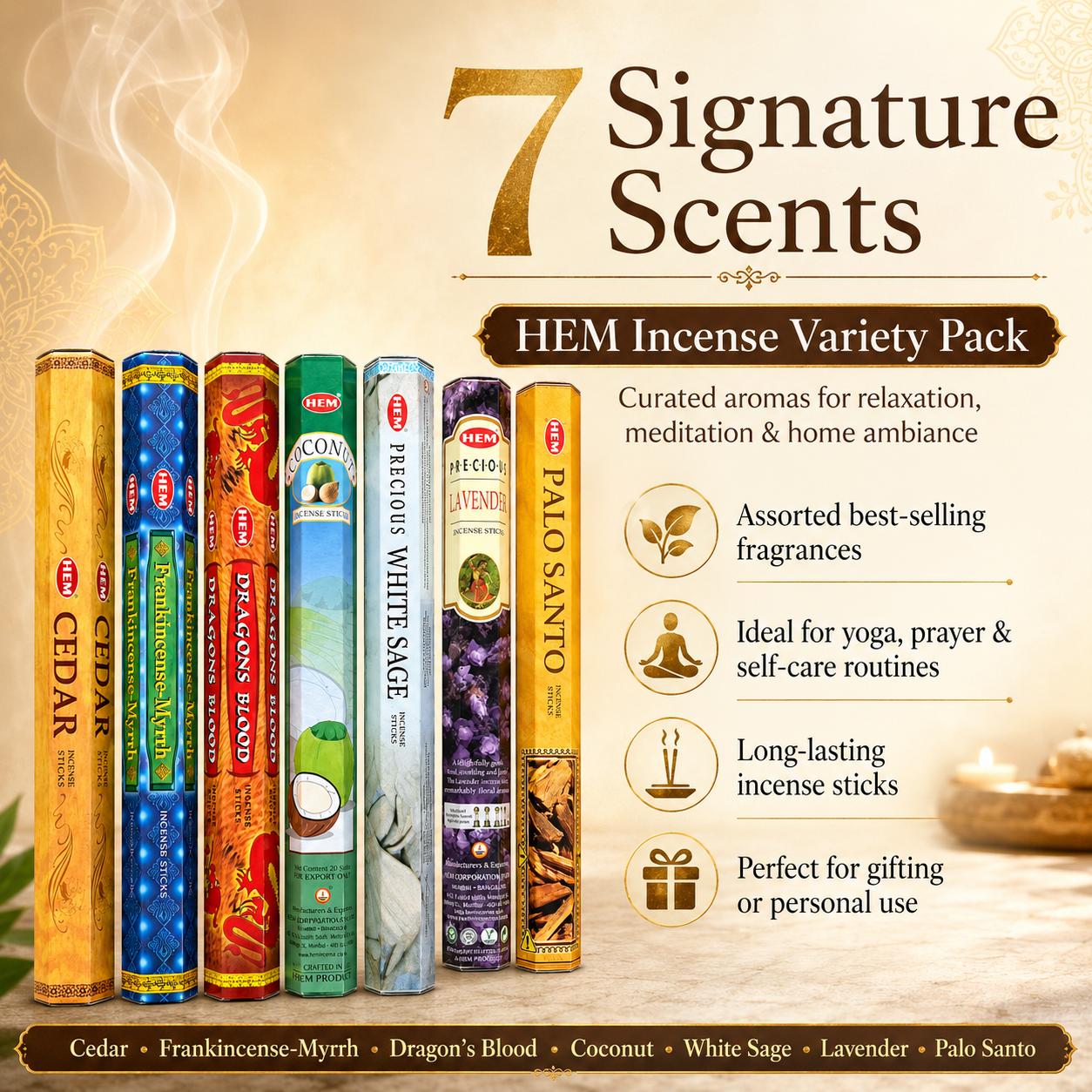 HEM Incense Sticks Variety Pack, 7 Boxes, 140 Sticks Total, Assorted Aromatherapy Incense for Meditation, Yoga, Prayer, Relaxation, Cleansing, Spiritual Rituals & Home Fragrance HEM Incense Sticks Variety Pack, 7 Boxes, 140 Sticks Total, Assorted Aromatherapy Incense for Meditation, Yoga, Prayer, Relaxation, Cleansing, Spiritual Rituals & Home Fragrance