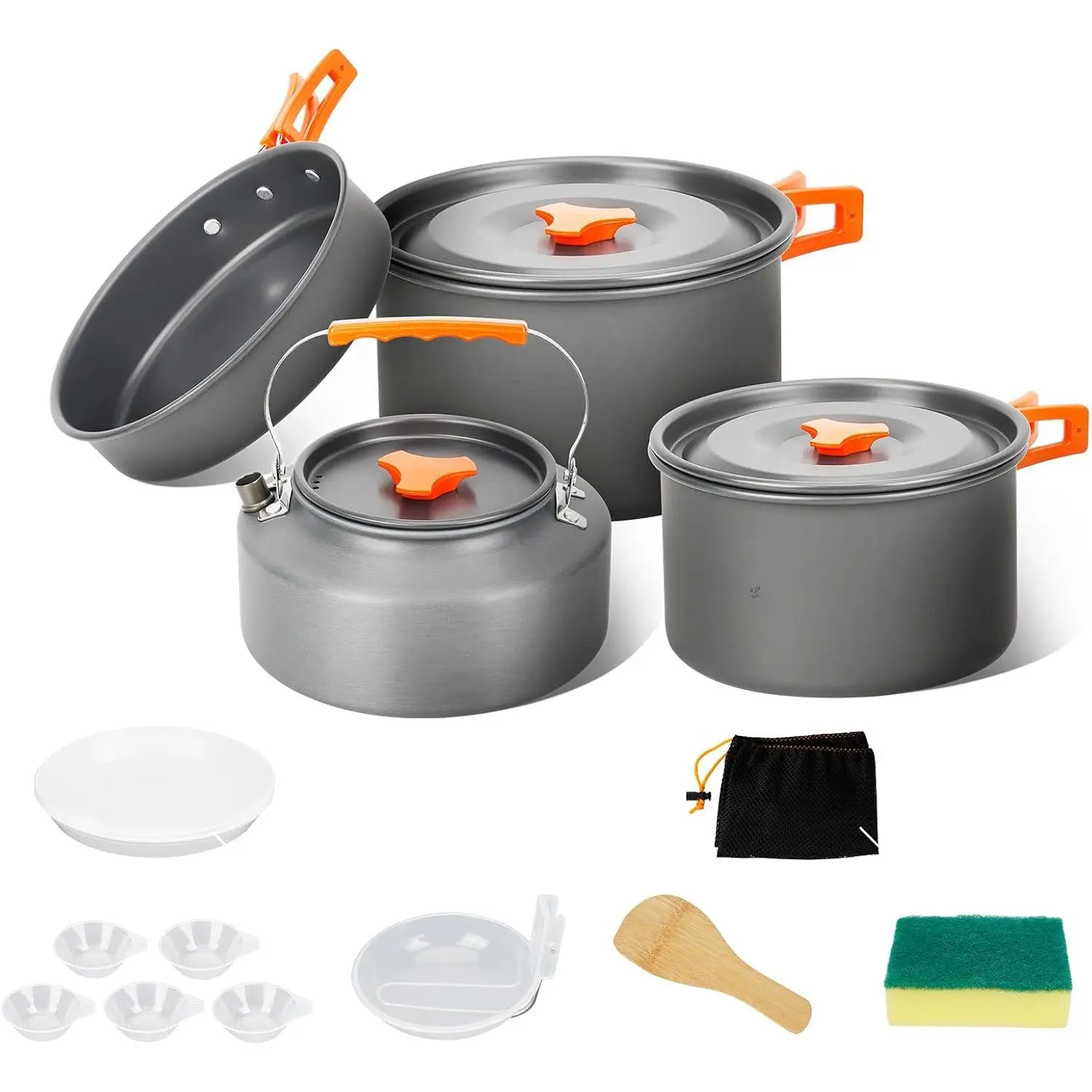 15pcs Camping Cookware Set, Lightweight Nonstick Pots, Pan, Kettle, Utensils, Bowls, and Cleaning Tool with Mesh Bag for Camping Hiking Backpacking RV Tailgating Cooking, CT605