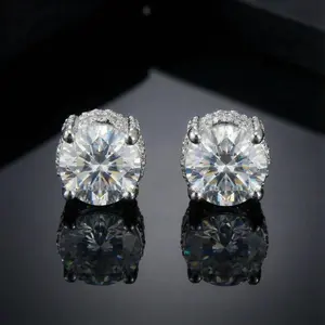 HELLOICE Moissanite Full Paved Earrings Round Stud Cut Earrings  VVS D Color 925 Sterling Silver Synthetic Moissanite Earrings Jewerly Gift
